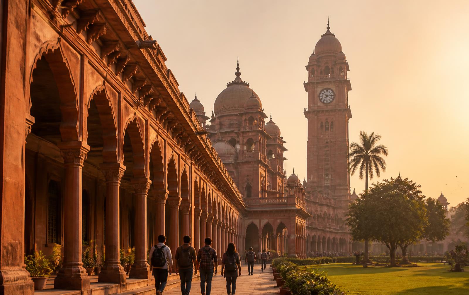 Indo-Saracenic sandstone architecture and clock tower of Aligarh Muslim University at sunset
